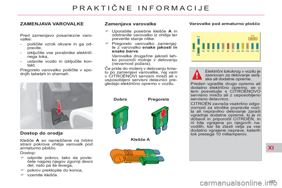 CITROEN C4 PICASSO 2013  Navodila Za Uporabo (in Slovenian) XI
197 
PRAKTIČNE INFORMACIJE
ZAMENJAVA VAROVALKE
 
 
Pred zamenjavo posamezne varo-
valke: 
   
 
-  poiščite vzrok okvare in ga od-
pravite, 
   
-  izključite vse porabnike električ-
nega toka