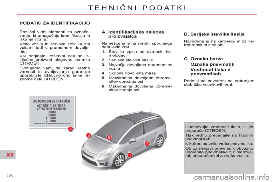 CITROEN C4 PICASSO 2013  Navodila Za Uporabo (in Slovenian) XII
226 
TEHNIČNI PODATKI
PODATKI ZA IDENTIFIKACIJO
 
Različni vidni elementi za označe-
vanje, ki omogočajo identiﬁ kacijo  in 
iskanje vozila. 
  Vrsta vozila in serijska številka sta 
vpisan