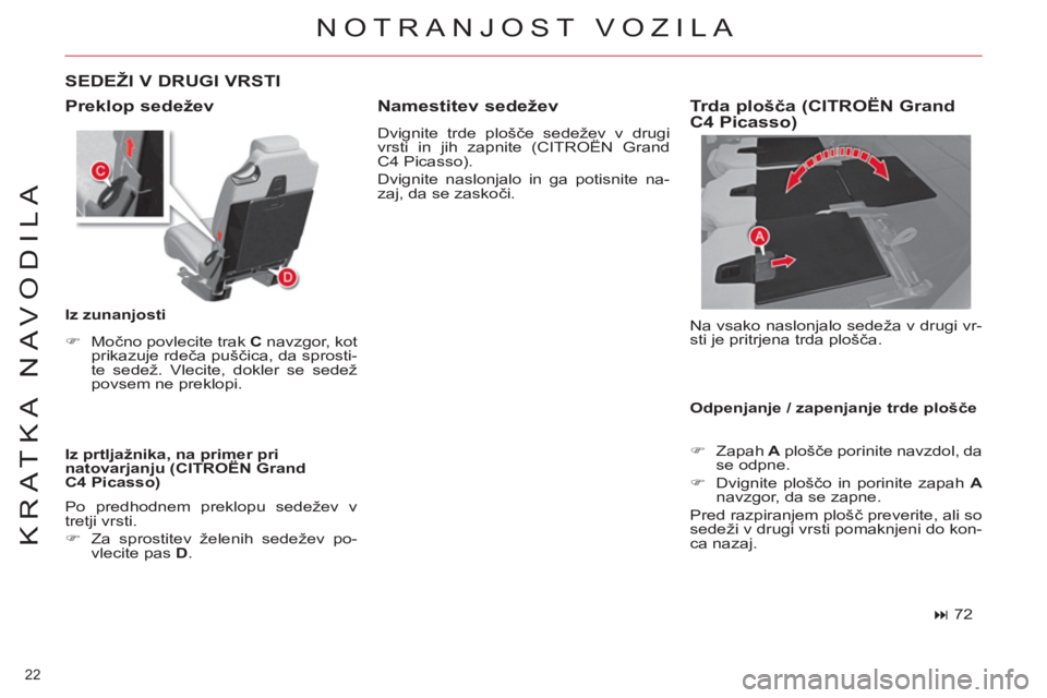 CITROEN C4 PICASSO 2013  Navodila Za Uporabo (in Slovenian) 22 
KRATKA NAVODILA
  NOTRANJOST VOZILA 
 
Preklop sedežev 
 
 
Iz prtljažnika, na primer pri 
natovarjanju (CITROËN Grand 
C4 Picasso) 
   
SEDEŽI V DRUGI VRSTI 
 
 
Iz zunanjosti 
   
 
�) 
 Mo�