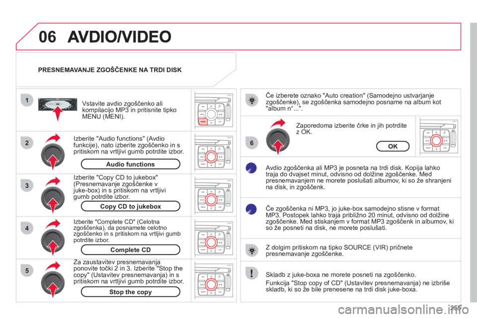 CITROEN C4 PICASSO 2013  Navodila Za Uporabo (in Slovenian) 255
06
1
2
4
3
6
5
PRESNEMAVANJE ZGOŠČENKE NA TRDI DISK  
Izberite "Audio functions" 
(Avdiofunkcije), nato izberite zgoščenko in s 
pritiskom na vrtljivi gumb potrdite izbor.    
Vstavite avdio z