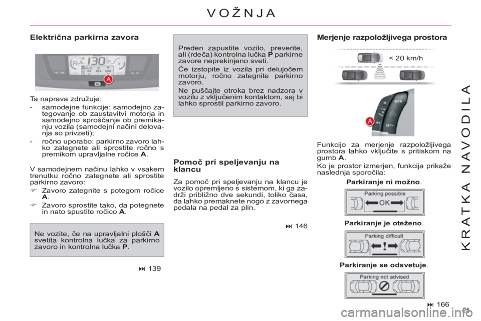 CITROEN C4 PICASSO 2013  Navodila Za Uporabo (in Slovenian) 25 
KRATKA NAVODILA
   
 
� 
 166  
 
 
Električna parkirna zavora 
 
Preden zapustite vozilo, preverite, 
ali (rdeča) kontrolna lučka  P 
 parkirne 
zavore neprekinjeno sveti. 
  Če izstopite iz