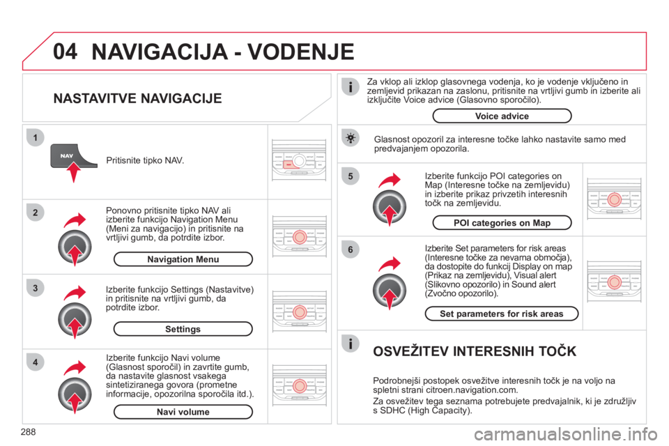 CITROEN C4 PICASSO 2013 Navodila Za Uporabo (in Slovenian) 288
04
5
6
3 2 1
4
NASTAVITVE NAVIGACIJE
Izberite Set parameters for risk areas (Interesne točke za nevarna območja),
da dostopite do funkcij Display on map (Prikaz na zemljevidu), Visual a CITROEN C4 PICASSO 2013 Navodila Za Uporabo (in Slovenian) 288
04
5
6
3 2 1
4
NASTAVITVE NAVIGACIJE
Izberite Set parameters for risk areas (Interesne točke za nevarna območja),
da dostopite do funkcij Display on map (Prikaz na zemljevidu), Visual a