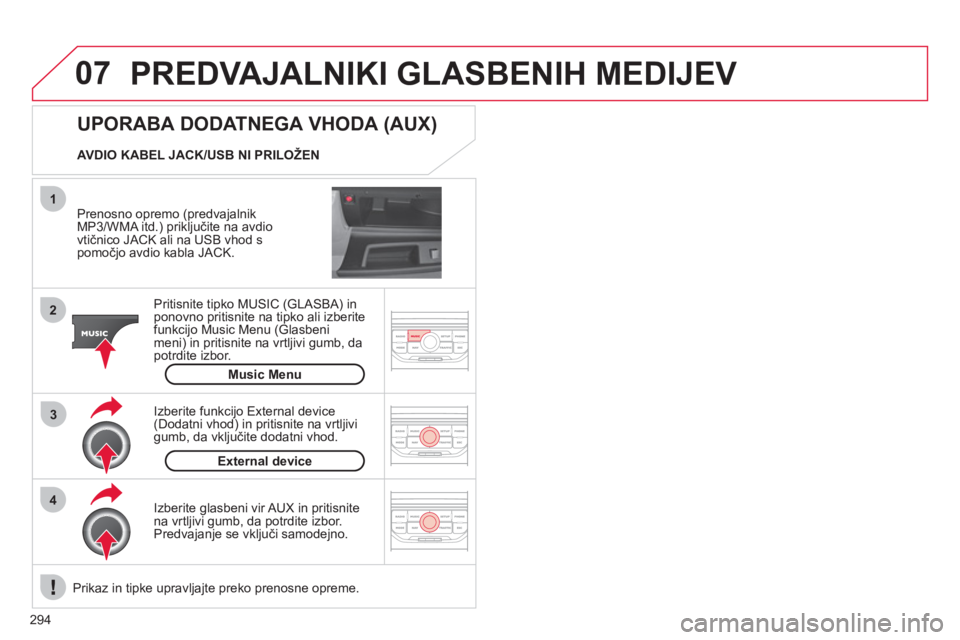 CITROEN C4 PICASSO 2013  Navodila Za Uporabo (in Slovenian) 294
07
43 1
2
  PREDVAJALNIKI GLASBENIH MEDIJEV 
 
 
Prenosno opremo (predvajalnik MP3/WMA itd.) priključite na avdio
vtičnico JACK ali na USB vhod s pomočjo avdio kabla JACK.
Pritisnite tipko MU
S