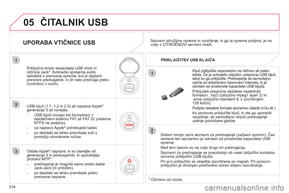 CITROEN C4 PICASSO 2013 Navodila Za Uporabo (in Slovenian) 314
05
1
1
2
3
ČITALNIK USB
Sistem tvorijo razni seznami za predvajanje (začasni spomin). Čassestave teh seznamov je odvisen od prostorske kapacitete USBopreme.
Med tem
časom so na voljo CITROEN C4 PICASSO 2013 Navodila Za Uporabo (in Slovenian) 314
05
1
1
2
3
ČITALNIK USB
Sistem tvorijo razni seznami za predvajanje (začasni spomin). Čassestave teh seznamov je odvisen od prostorske kapacitete USBopreme.
Med tem
časom so na voljo