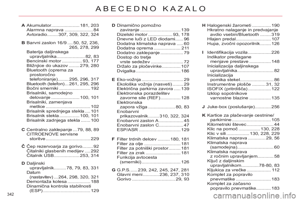 CITROEN C4 PICASSO 2013 Navodila Za Uporabo (in Slovenian) 342
ABECEDNO KAZALO
Filter trdnih delcev.........180, 181Filter za olje ...........................181Filter za potniški prostor.........r181Filter za zrak..........................181Funkcija avtoc CITROEN C4 PICASSO 2013 Navodila Za Uporabo (in Slovenian) 342
ABECEDNO KAZALO
Filter trdnih delcev.........180, 181Filter za olje ...........................181Filter za potniški prostor.........r181Filter za zrak..........................181Funkcija avtoc