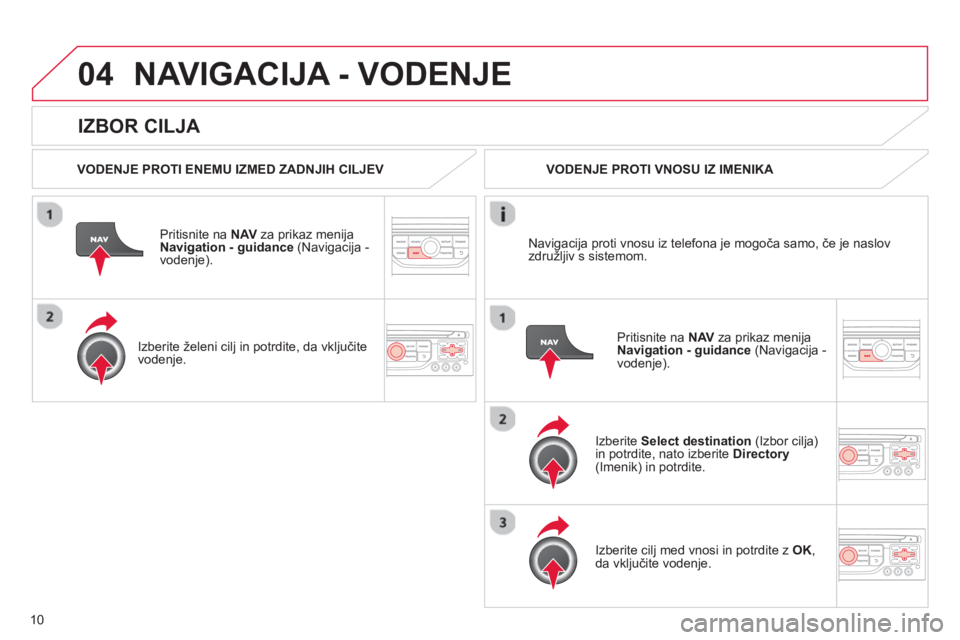 CITROEN C4 PICASSO 2013 Navodila Za Uporabo (in Slovenian) 10
04
IZBOR CILJA
NAVIGACIJA - VODENJE
VODENJE PROTI ENEMU IZMED ZADNJIH CILJEV
Priti
snite na NAV
za prikaz menija
Navigation - guidance (Navigacija -
vodenje).
Izberite
želeni CITROEN C4 PICASSO 2013 Navodila Za Uporabo (in Slovenian) 10
04
IZBOR CILJA
NAVIGACIJA - VODENJE
VODENJE PROTI ENEMU IZMED ZADNJIH CILJEV
Priti
snite na NAV
za prikaz menija
Navigation - guidance (Navigacija -
vodenje).
Izberite
želeni
