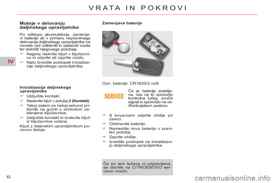 CITROEN C4 PICASSO 2013  Navodila Za Uporabo (in Slovenian) IV
82 
VRATA IN POKROVI
   
 
 
 
 
 
 
 
 
 
 
 
 
 
 
Motnje v delovanju 
daljinskega upravljalnika 
  Po odklopu akumulatorja, zamenja-
vi baterije ali v primeru nepravilnega 
delovanja daljinskega