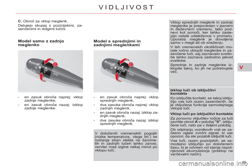 CITROEN C4 PICASSO 2013  Navodila Za Uporabo (in Slovenian) V
95 
VIDLJIVOST
   
 
 
 
 
 
 
 
 
C. 
 Obroč za vklop meglenk .
  Delujejo skupaj s pozicijskimi, za-
senčenimi in dolgimi lučmi. 
   
 
-    
en zasuk obroča naprej: vklop 
zadnje meglenke, 
 