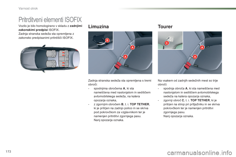 CITROEN C5 2016 Navodila Za Uporabo (in Slovenian) 172
C5_sl_Chap07_securite-enfant_ed01-2015
Pritrditveni elementi ISOFIX
Vozilo je bilo homologirano v skladu z zadnjimi
zakonskimi predpisi ISOFIX.
Zadnja stranska sedeža sta opremljena z
zakonsko CITROEN C5 2016 Navodila Za Uporabo (in Slovenian) 172
C5_sl_Chap07_securite-enfant_ed01-2015
Pritrditveni elementi ISOFIX
Vozilo je bilo homologirano v skladu z zadnjimi
zakonskimi predpisi ISOFIX.
Zadnja stranska sedeža sta opremljena z
zakonsko