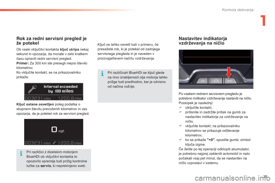 CITROEN C5 2016  Navodila Za Uporabo (in Slovenian) 23
C5_sl_Chap01_controle-de-marche_ed01-2015
Nastavitev indikatorja 
vzdrževanja na ničloRok za redni servisni pregled je 
že potekel
Ob vsaki vključitvi kontakta ključ utripa nekaj 
sekund in op