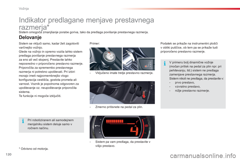 CITROEN C5 2015  Navodila Za Uporabo (in Slovenian) 120
C5_sl_Chap04_conduite_ed01-2014
Sistem omogoča zmanjšanje porabe goriva, tako da predlaga povišanje prestavnega razmerja.
Sistem se vključi samo, kadar želi zagotoviti 
varčnejšo vožnjo.
G