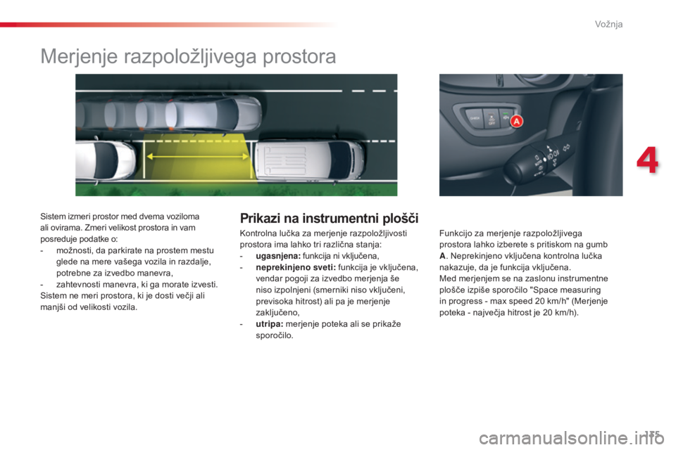 CITROEN C5 2015 Navodila Za Uporabo (in Slovenian) 135
C5_sl_Chap04_conduite_ed01-2014
Merjenje razpoložljivega prostora
Sistem izmeri prostor med dvema voziloma
ali ovirama. Zmeri velikost prostora in vam
posreduje podatke o:
-
m
ožnosti, da pa CITROEN C5 2015 Navodila Za Uporabo (in Slovenian) 135
C5_sl_Chap04_conduite_ed01-2014
Merjenje razpoložljivega prostora
Sistem izmeri prostor med dvema voziloma
ali ovirama. Zmeri velikost prostora in vam
posreduje podatke o:
-
m
ožnosti, da pa