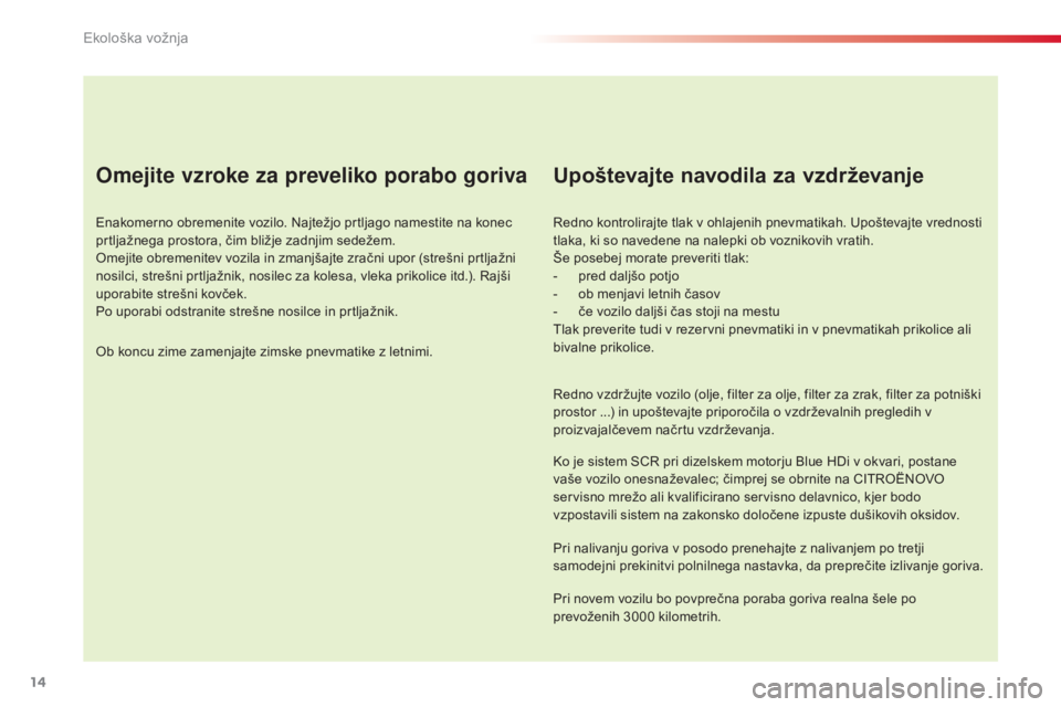 CITROEN C5 2015  Navodila Za Uporabo (in Slovenian) 14
C5_sl_Chap00c_eco-conduite_ed01-2014
Omejite vzroke za preveliko porabo goriva
Enakomerno obremenite vozilo. Najtežjo prtljago namestite na konec 
prtljažnega prostora, čim bližje zadnjim sede