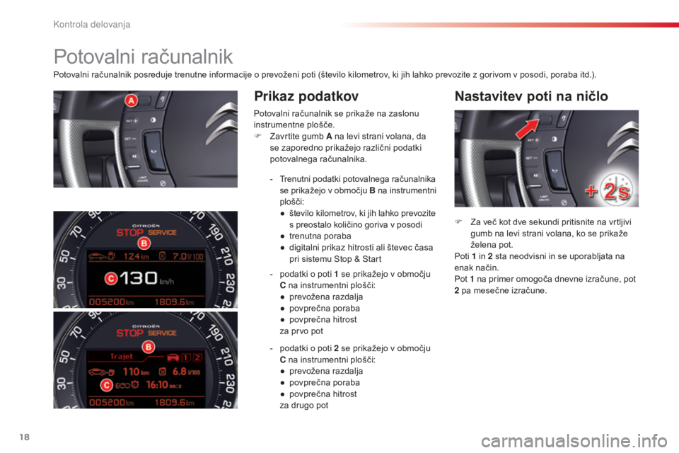 CITROEN C5 2015  Navodila Za Uporabo (in Slovenian) 18
C5_sl_Chap01_controle-de-marche_ed01-2014
Potovalni računalnik posreduje trenutne informacije o prevoženi poti (število kilometrov, ki jih lahko prevozite z gorivom v posodi, poraba itd.).
Prika