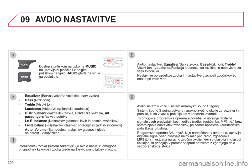 CITROEN C5 2015 Navodila Za Uporabo (in Slovenian) 09
300
C5_sl_Chap11b_RT6-2-8_ed01-2014
AVDIO NASTAVITVE
Dostop s pritiskom na tipko na MUSIC
na upravljalni plošči ali z dolgim
pritiskom na tipko RADIO glede na vir, ki
ga poslušate.
-
Equ CITROEN C5 2015 Navodila Za Uporabo (in Slovenian) 09
300
C5_sl_Chap11b_RT6-2-8_ed01-2014
AVDIO NASTAVITVE
Dostop s pritiskom na tipko na MUSIC
na upravljalni plošči ali z dolgim
pritiskom na tipko RADIO glede na vir, ki
ga poslušate.
-
Equ