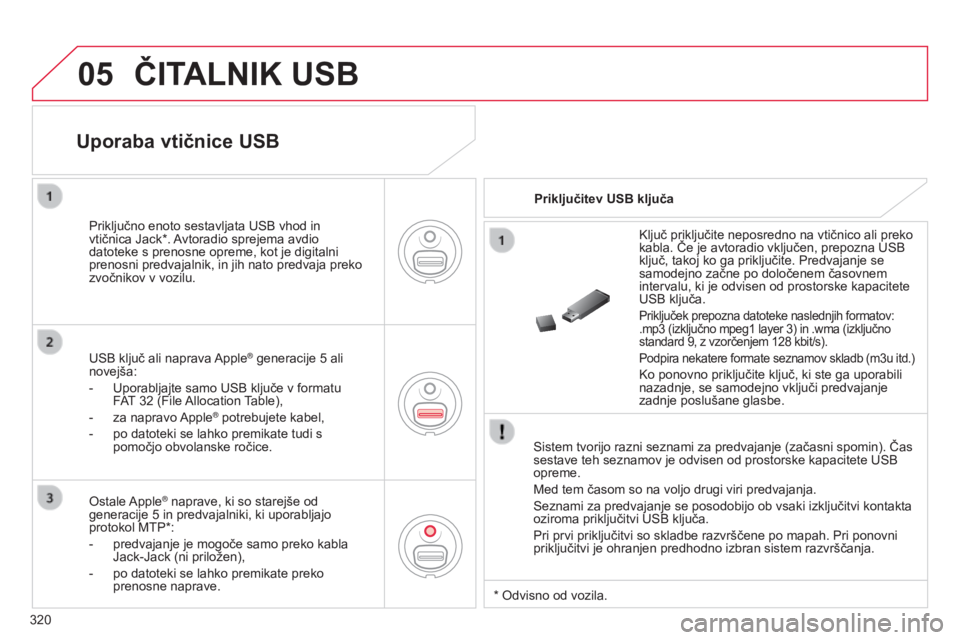 CITROEN C5 2015 Navodila Za Uporabo (in Slovenian) 05
320
C5_sl_Chap11c_RD45_ed01_2014
ČITALNIK USB
Sistem tvorijo razni seznami za predvajanje (začasni spomin). Čas
sestave teh seznamov je odvisen od prostorske kapacitete USB
opreme.
Med tem ča CITROEN C5 2015 Navodila Za Uporabo (in Slovenian) 05
320
C5_sl_Chap11c_RD45_ed01_2014
ČITALNIK USB
Sistem tvorijo razni seznami za predvajanje (začasni spomin). Čas
sestave teh seznamov je odvisen od prostorske kapacitete USB
opreme.
Med tem ča