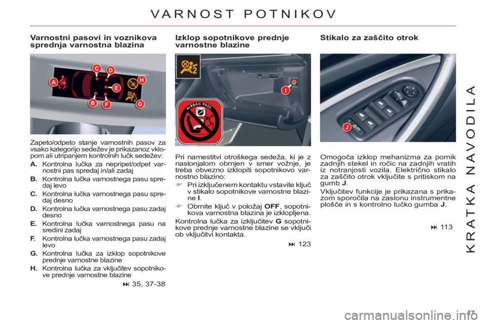 CITROEN C5 2014  Navodila Za Uporabo (in Slovenian) 17 
KRATKA NAVODILA
  VARNOST POTNIKOV 
 
 
Izklop sopotnikove prednje 
varnostne blazine    
Stikalo za zaščito otrok   
 
Varnostni pasovi in voznikova 
sprednja varnostna blazina 
  Zapeto/odpeto