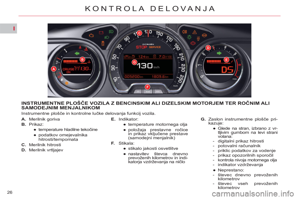 CITROEN C5 2014  Navodila Za Uporabo (in Slovenian) I
26
KONTROLA DELOVANJA
INSTRUMENTNE PLOŠČE VOZILA Z BENCINSKIM ALI DIZELSKIM MOTORJEM TER ROČNIM ALI
SAMODEJNIM MENJALNIKOM 
  Instrumentne plošče in kontrolne lučke delovanja funkcij vozila. 
