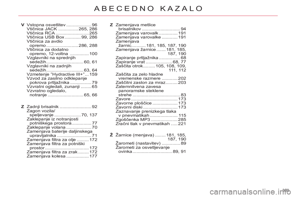 CITROEN C5 2014 Navodila Za Uporabo (in Slovenian) 309
ABECEDNO KAZALO
V Vstopna osvetlitev ................... 96
Vtičnica JACK ............... 265, 286
Vtičnica RCA ......................... 265
Vtičnica USB Box ............ 99, 286
Vtičnic CITROEN C5 2014 Navodila Za Uporabo (in Slovenian) 309
ABECEDNO KAZALO
V Vstopna osvetlitev ................... 96
Vtičnica JACK ............... 265, 286
Vtičnica RCA ......................... 265
Vtičnica USB Box ............ 99, 286
Vtičnic