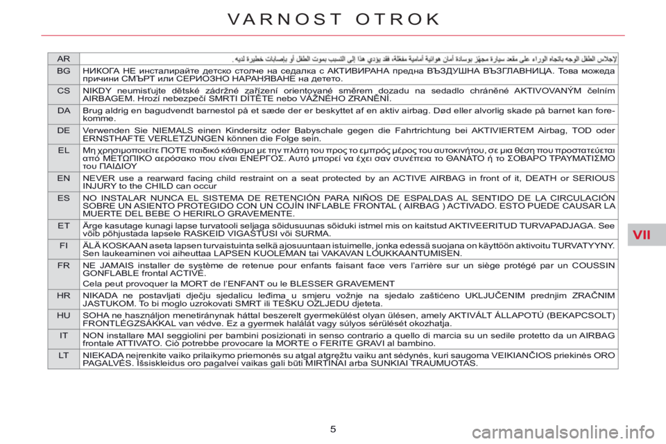 CITROEN C5 2014  Navodila Za Uporabo (in Slovenian) VII
AR
BGНИКОГА НЕ инсталирайте детско столче на седалка с АКТИВИРАНА предна ВЪЗДУШНА ВЪЗГЛАВНИЦА. То в а можеда 