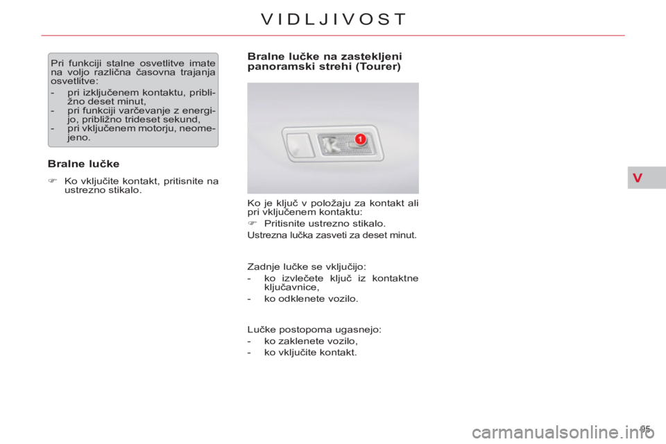 CITROEN C5 2014 Navodila Za Uporabo (in Slovenian) V
95
VIDLJIVOST
Pri funkciji stalne osvetlitve imate
na voljo različna časovna trajanja
osvetlitve:
- pri izključenem kontaktu, pribli-
žno deset minut,
- pri funkciji varčeva CITROEN C5 2014 Navodila Za Uporabo (in Slovenian) V
95
VIDLJIVOST
Pri funkciji stalne osvetlitve imate
na voljo različna časovna trajanja
osvetlitve:
- pri izključenem kontaktu, pribli-
žno deset minut,
- pri funkciji varčeva