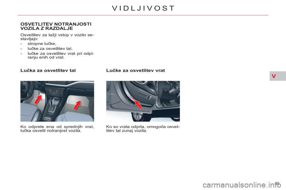 CITROEN C5 2012  Navodila Za Uporabo (in Slovenian) V
99 
VIDLJIVOST
   
Lučke za osvetlitev vrat 
 
Ko so vrata odprta, omogoča osvet-
litev tal zunaj vozila.  
 
 
Lučka za osvetlitev tal 
 
Ko odprete ena od sprednjih vrat, 
lučka osvetli notran