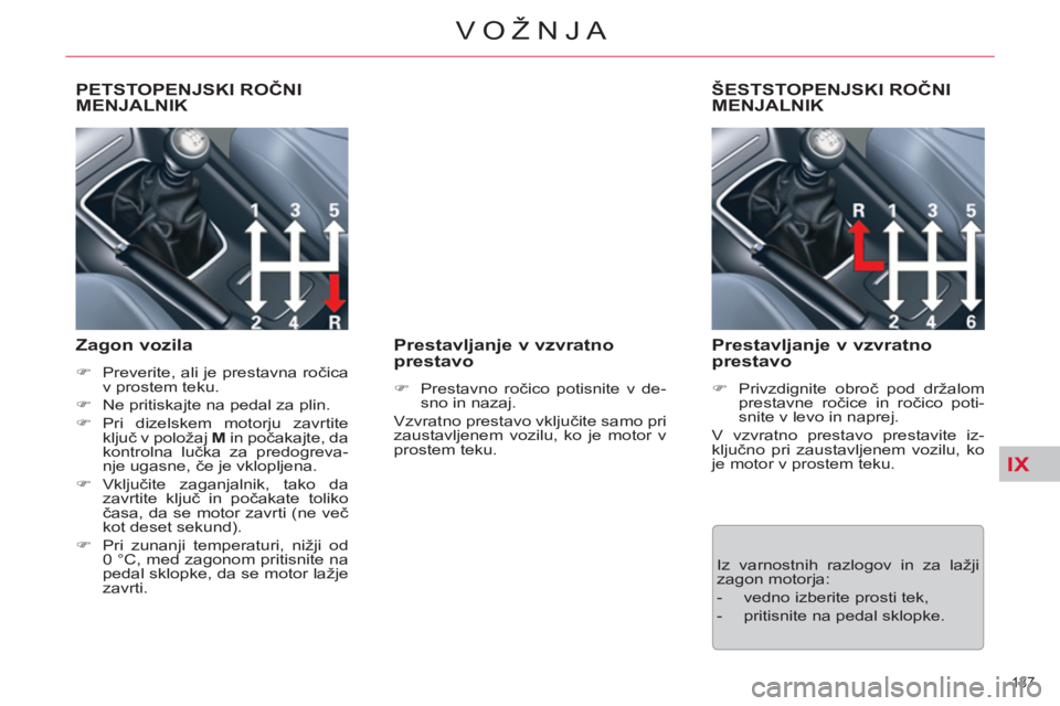 CITROEN C5 2012  Navodila Za Uporabo (in Slovenian) IX
137 
VOŽNJA
   
 
 
 
 
 
PETSTOPENJSKI ROČNIMENJALNIK 
   
Zagon vozila 
 
 
 
�) 
  Preverite, ali je prestavna ročica 
v prostem teku. 
   
�) 
  Ne pritiskajte na pedal za plin. 
   
�) 
 Pr