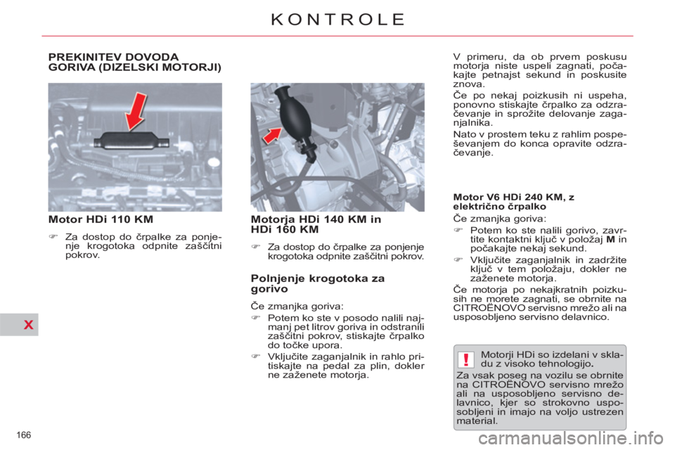 CITROEN C5 2012  Navodila Za Uporabo (in Slovenian) !
X
  PREKINITEV DOVODA GORIVA (DIZELSKI MOTORJI) 
   
 
Motor HDi 110 KM  
 
 
 
�) 
  Za dostop do črpalke za ponje-
nje krogotoka odpnite zaščitni 
pokrov.  
 
 
 
 
Motorja HDi 140 KM in 
HDi 1
