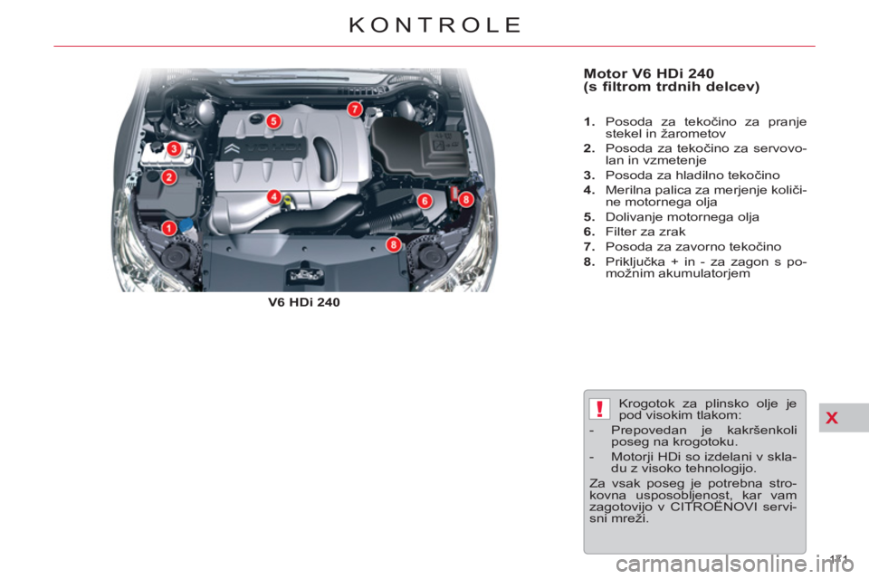 CITROEN C5 2012 Navodila Za Uporabo (in Slovenian) X!
171
KONTROLE
Motor V6 HDi 240
(s filtrom trdnih delcev)
V6 HDi 240
1.
Posoda za tekočino za pranje
stekel in žarometov
2.
Posoda za tekočino za servovo-
lan in vz CITROEN C5 2012 Navodila Za Uporabo (in Slovenian) X!
171
KONTROLE
Motor V6 HDi 240
(s filtrom trdnih delcev)
V6 HDi 240
1.
Posoda za tekočino za pranje
stekel in žarometov
2.
Posoda za tekočino za servovo-
lan in vz