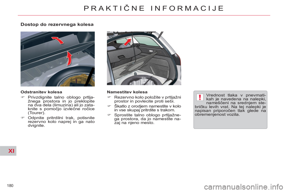 CITROEN C5 2012  Navodila Za Uporabo (in Slovenian) XI
!
180 
PRAKTIČNE INFORMACIJE
 
 
Dostop do rezervnega kolesa 
 
 
Odstranitev kolesa 
   
 
�) 
  Privzdignite talno oblogo prtlja-
žnega prostora in jo preklopite 
na dva dela (limuzina) ali jo 