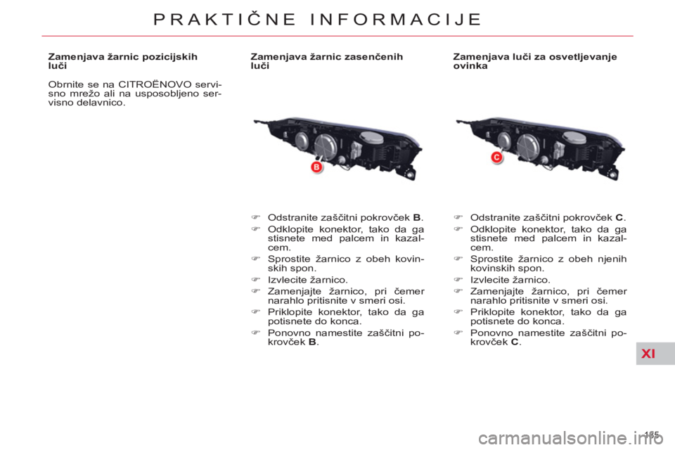 CITROEN C5 2012  Navodila Za Uporabo (in Slovenian) XI
185 
PRAKTIČNE INFORMACIJE
 
 
Zamenjava žarnic pozicijskih 
luči 
  Obrnite se na CITROËNOVO servi-
sno mrežo ali na usposobljeno ser-
visno delavnico.     
Zamenjava žarnic zasenčenih 
lu