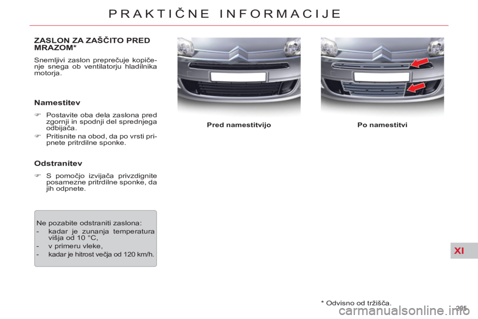CITROEN C5 2012  Navodila Za Uporabo (in Slovenian) XI
205 
PRAKTIČNE INFORMACIJE
 
 
*   
Odvisno od tržišča.  
ZASLON ZA ZAŠČITO PREDMRAZOM *
 
Snemljivi zaslon preprečuje kopiče-
nje snega ob ventilatorju hladilnika 
motorja. 
   
Namestitev