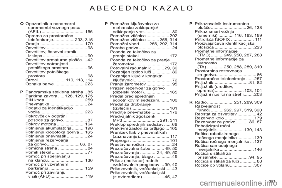 CITROEN C5 2012 Navodila Za Uporabo (in Slovenian) 333
ABECEDNO KAZALO
O Opozorilnik o nenamerni
spremembi voznega pasu
(AFIL) .................................. 156
Oprema za prostoročno
telefoniranje ................. 293, 315
Orodje ...... CITROEN C5 2012 Navodila Za Uporabo (in Slovenian) 333
ABECEDNO KAZALO
O Opozorilnik o nenamerni
spremembi voznega pasu
(AFIL) .................................. 156
Oprema za prostoročno
telefoniranje ................. 293, 315
Orodje ......