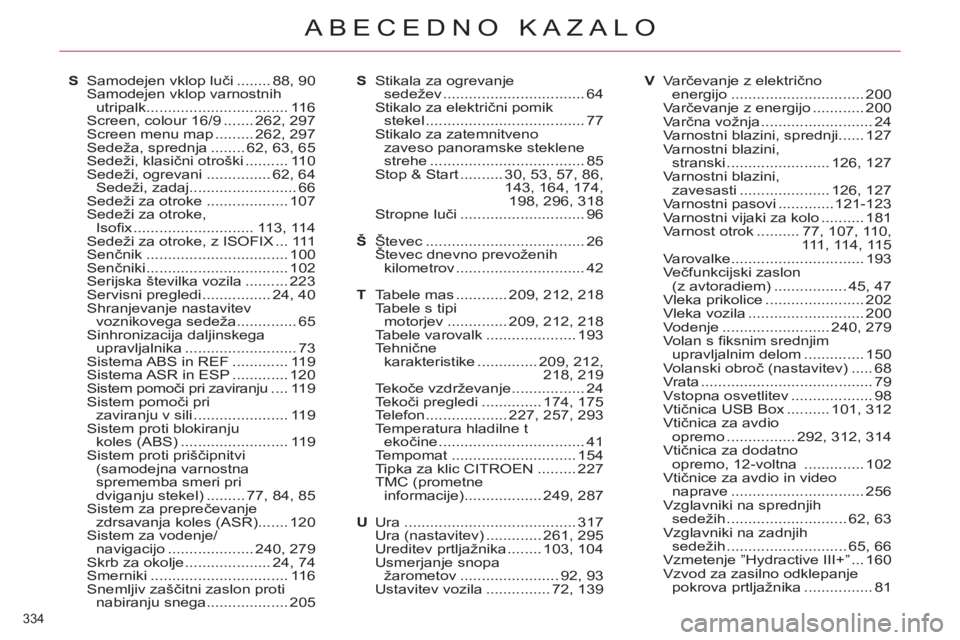 CITROEN C5 2012 Navodila Za Uporabo (in Slovenian) 334
ABECEDNO KAZALO
S Samodejen vklop luči ........ 88, 90
Samodejen vklop varnostnih
utripalk ................................. 116
Screen, colour 16/9 ....... 262, 297
Screen menu map ... CITROEN C5 2012 Navodila Za Uporabo (in Slovenian) 334
ABECEDNO KAZALO
S Samodejen vklop luči ........ 88, 90
Samodejen vklop varnostnih
utripalk ................................. 116
Screen, colour 16/9 ....... 262, 297
Screen menu map ...