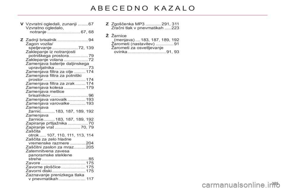 CITROEN C5 2012 Navodila Za Uporabo (in Slovenian) 335
ABECEDNO KAZALO
V Vzvratni ogledali, zunanji ........ 67
Vzvratno ogledalo,
notranje .......................... 67, 68
Z Zadnji brisalnik ........................ 94
Zagon vozila/
speljevanje CITROEN C5 2012 Navodila Za Uporabo (in Slovenian) 335
ABECEDNO KAZALO
V Vzvratni ogledali, zunanji ........ 67
Vzvratno ogledalo,
notranje .......................... 67, 68
Z Zadnji brisalnik ........................ 94
Zagon vozila/
speljevanje