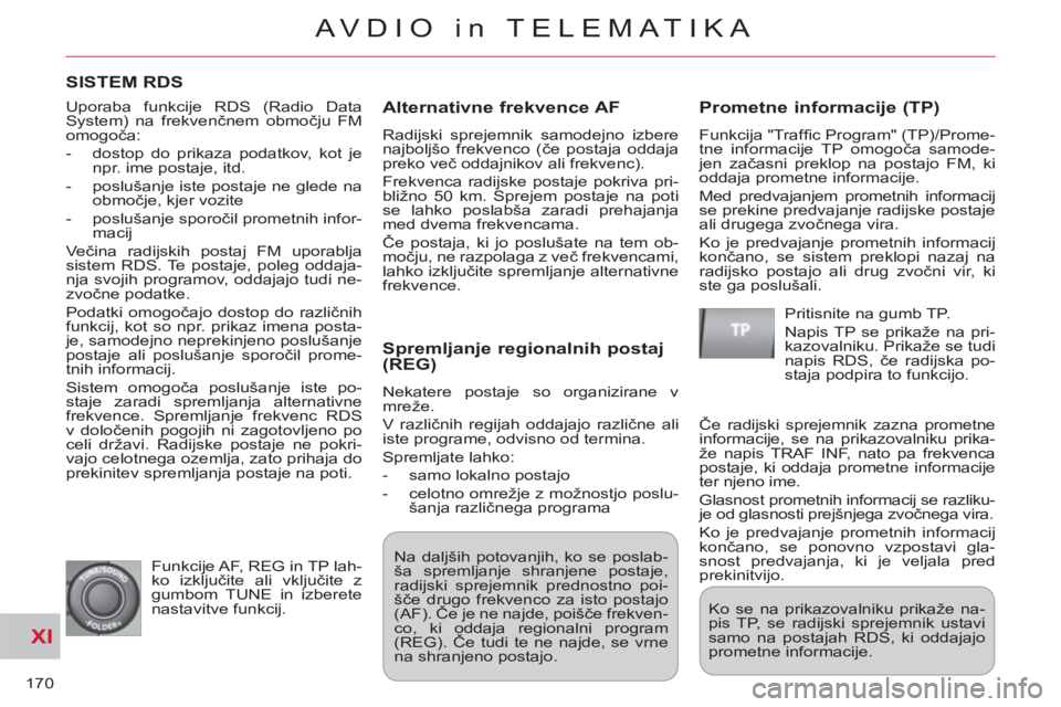 CITROEN C-CROSSER 2012 Navodila Za Uporabo (in Slovenian) XI
170
AVDIO in TELEMATIKA
SISTEM RDS
Alternativne frekvence AF
Radijski sprejemnik samodejno izbere
najboljšo frekvenco (če postaja oddaja
preko več oddajnikov ali frekvenc).
Frekvenc CITROEN C-CROSSER 2012 Navodila Za Uporabo (in Slovenian) XI
170
AVDIO in TELEMATIKA
SISTEM RDS
Alternativne frekvence AF
Radijski sprejemnik samodejno izbere
najboljšo frekvenco (če postaja oddaja
preko več oddajnikov ali frekvenc).
Frekvenc