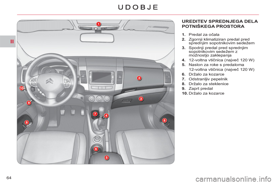 CITROEN C-CROSSER 2012  Navodila Za Uporabo (in Slovenian) II
64
UREDITEV SPREDNJEGA DELA 
POTNIŠKEGA PROSTORA 
   
 
 
1. 
  Predal za očala 
   
2. 
  Zgornji klimatiziran predal pred 
sprednjim sopotnikovim sedežem 
   
3. 
  Spodnji predal pred sprednj