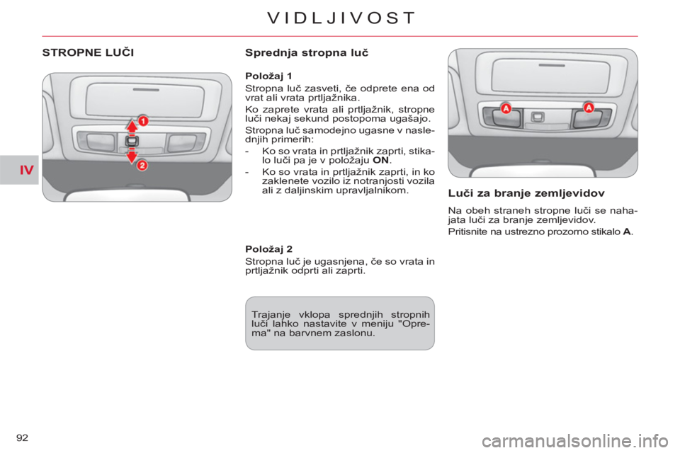 CITROEN C-CROSSER 2012 Navodila Za Uporabo (in Slovenian) IV
VIDLJIVOST
92
STROPNE LUČI
Sprednja stropna luč
Luči za bran
je zemljevidov
Na obeh straneh stropne luči se naha-
jata luči za branje zemljevidov.
Pritisnite na ustrezno prozorno s CITROEN C-CROSSER 2012 Navodila Za Uporabo (in Slovenian) IV
VIDLJIVOST
92
STROPNE LUČI
Sprednja stropna luč
Luči za bran
je zemljevidov
Na obeh straneh stropne luči se naha-
jata luči za branje zemljevidov.
Pritisnite na ustrezno prozorno s