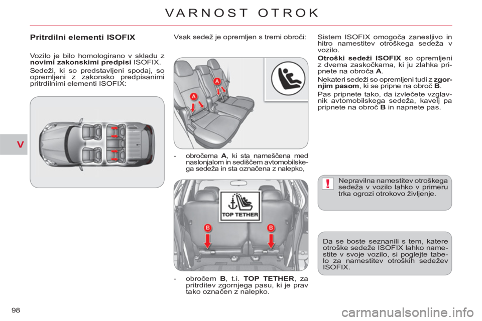 CITROEN C-CROSSER 2012 Navodila Za Uporabo (in Slovenian) V
!
VARNOST OTROK
98
Nepravilna namestitev otroškega
sedeža v vozilo lahko v primeru
trka ogrozi otrokovo življenje.
Da se boste seznanili s tem, katere
otroške sedeže ISOFIX lahko name-
CITROEN C-CROSSER 2012 Navodila Za Uporabo (in Slovenian) V
!
VARNOST OTROK
98
Nepravilna namestitev otroškega
sedeža v vozilo lahko v primeru
trka ogrozi otrokovo življenje.
Da se boste seznanili s tem, katere
otroške sedeže ISOFIX lahko name-