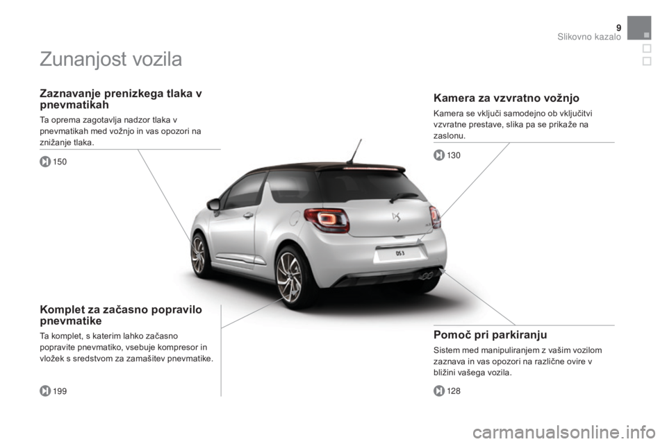 CITROEN DS3 2017 Navodila Za Uporabo (in Slovenian) 9
DS3_sl_Chap00b_vue-ensemble_ed02-2015
Zaznavanje prenizkega tlaka v
pnevmatikah
Ta oprema zagotavlja nadzor tlaka v
pnevmatikah med vožnjo in vas opozori na
znižanje tlaka.150
19 9
Komplet za z CITROEN DS3 2017 Navodila Za Uporabo (in Slovenian) 9
DS3_sl_Chap00b_vue-ensemble_ed02-2015
Zaznavanje prenizkega tlaka v
pnevmatikah
Ta oprema zagotavlja nadzor tlaka v
pnevmatikah med vožnjo in vas opozori na
znižanje tlaka.150
19 9
Komplet za z