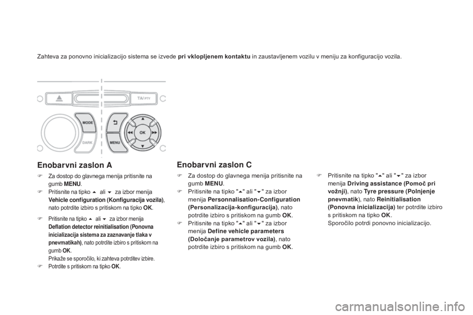 CITROEN DS3 2017  Navodila Za Uporabo (in Slovenian) DS3_sl_Chap06_securite_ed02-2015
Zahteva za ponovno inicializacijo sistema se izvede pri vklopljenem kontaktu in zaustavljenem vozilu v meniju za konfiguracijo vozila.
Enobarvni zaslon A
F Za dostop d