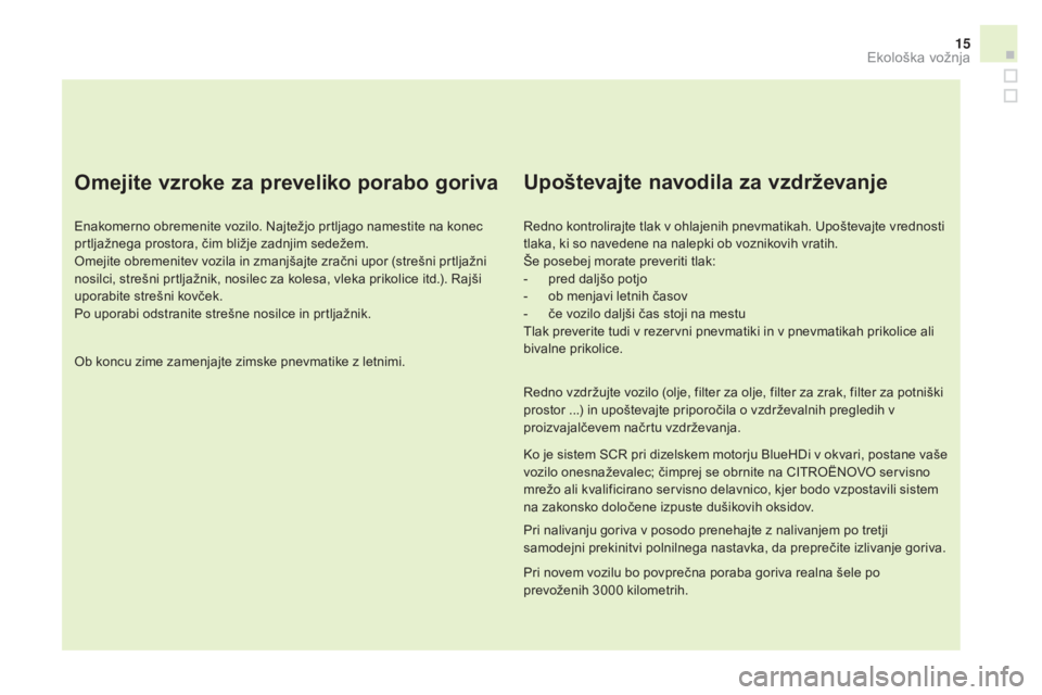 CITROEN DS3 2017 Navodila Za Uporabo (in Slovenian) 15
DS3_sl_Chap00c_eco-conduite_ed02-2015
omejite vzroke za preveliko porabo goriva
Enakomerno obremenite vozilo. Najtežjo prtljago namestite na konec
prtljažnega prostora, čim bližje zadnjim sede CITROEN DS3 2017 Navodila Za Uporabo (in Slovenian) 15
DS3_sl_Chap00c_eco-conduite_ed02-2015
omejite vzroke za preveliko porabo goriva
Enakomerno obremenite vozilo. Najtežjo prtljago namestite na konec
prtljažnega prostora, čim bližje zadnjim sede