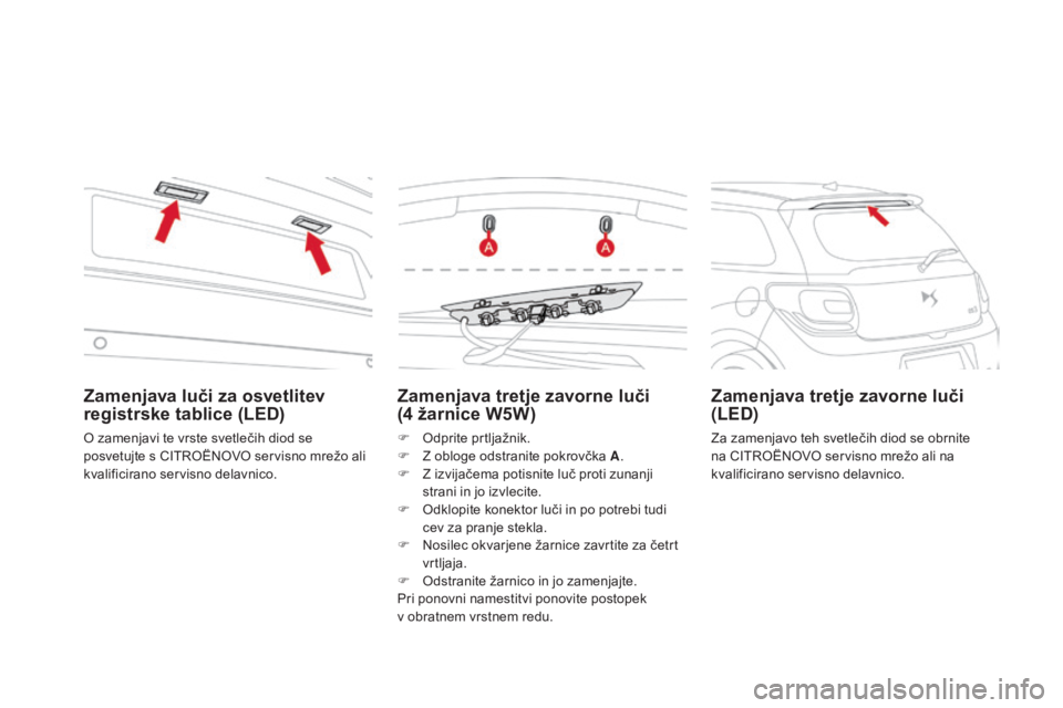 CITROEN DS3 2017 Navodila Za Uporabo (in Slovenian) DS3_sl_Chap08_info-pratiques_ed02-2015
Zamenjava tretje zavorne luči
(4 žarnice W5W)
F Odprite prtljažnik.
F
Z o bloge odstranite pokrovčka A .
F
Z i
zvijačema potisnite luč proti zunanji CITROEN DS3 2017 Navodila Za Uporabo (in Slovenian) DS3_sl_Chap08_info-pratiques_ed02-2015
Zamenjava tretje zavorne luči
(4 žarnice W5W)
F Odprite prtljažnik.
F
Z o bloge odstranite pokrovčka A .
F
Z i
zvijačema potisnite luč proti zunanji