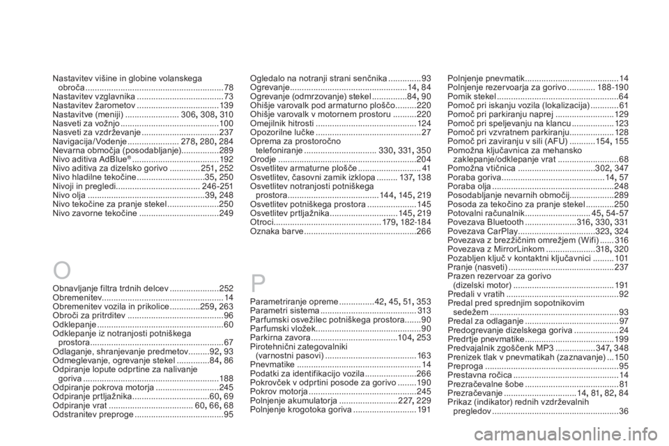 CITROEN DS3 2017 Navodila Za Uporabo (in Slovenian) DS3_sl_Chap12_index-recherche_ed02-2015
O
Obnavljanje filtra trdnih delcev .....................2 52
Obremenitev .................................................... 14
Obremenitev vozila in prikolice CITROEN DS3 2017 Navodila Za Uporabo (in Slovenian) DS3_sl_Chap12_index-recherche_ed02-2015
O
Obnavljanje filtra trdnih delcev .....................2 52
Obremenitev .................................................... 14
Obremenitev vozila in prikolice