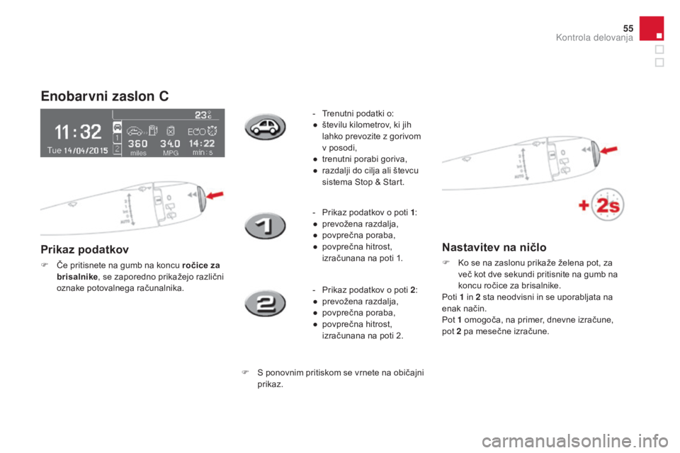 CITROEN DS3 2017  Navodila Za Uporabo (in Slovenian) 55
DS3_sl_Chap01_controle-de-marche_ed02-2015
Enobarvni zaslon C
Prikaz podatkov
F Če pritisnete na gumb na koncu ročice za brisalnike , se zaporedno prikažejo različni 
oznake potovalnega računa