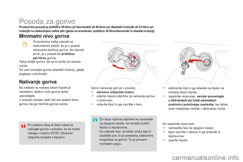 CITROEN DS3 2016 Navodila Za Uporabo (in Slovenian) DS3_sl_Chap08_info-pratiques_ed01-2015
Posoda za gorivoProstornina posode je približno 50 litrov pri bencinskih ali 46 litrov pri dizelskih motorjih ali 33 litrov pri
motorjih na utekočinjeni naftn CITROEN DS3 2016 Navodila Za Uporabo (in Slovenian) DS3_sl_Chap08_info-pratiques_ed01-2015
Posoda za gorivoProstornina posode je približno 50 litrov pri bencinskih ali 46 litrov pri dizelskih motorjih ali 33 litrov pri
motorjih na utekočinjeni naftn