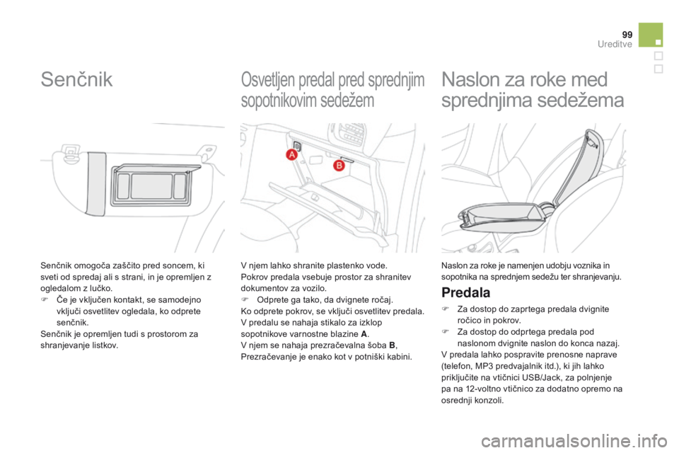 CITROEN DS3 2015 Navodila Za Uporabo (in Slovenian) 99
DS3_sl_Chap05_amenagement_ed01-2014
Senčnik omogoča zaščito pred soncem, ki
sveti od spredaj ali s strani, in je opremljen z
ogledalom z lučko.
F
Č
e je vključen kontakt, se samodejno
v CITROEN DS3 2015 Navodila Za Uporabo (in Slovenian) 99
DS3_sl_Chap05_amenagement_ed01-2014
Senčnik omogoča zaščito pred soncem, ki
sveti od spredaj ali s strani, in je opremljen z
ogledalom z lučko.
F
Č
e je vključen kontakt, se samodejno
v