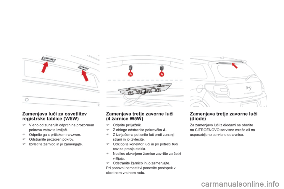 CITROEN DS3 2015 Navodila Za Uporabo (in Slovenian) DS3_sl_Chap10_info-pratiques_ed01-2014
Zamenjava tretje zavorne luči
(4 žarnice W5W)
F Odprite prtljažnik.
F
Z o bloge odstranite pokrovčka A .
F
Z i
zvijačema potisnite luč proti zunanji CITROEN DS3 2015 Navodila Za Uporabo (in Slovenian) DS3_sl_Chap10_info-pratiques_ed01-2014
Zamenjava tretje zavorne luči
(4 žarnice W5W)
F Odprite prtljažnik.
F
Z o bloge odstranite pokrovčka A .
F
Z i
zvijačema potisnite luč proti zunanji