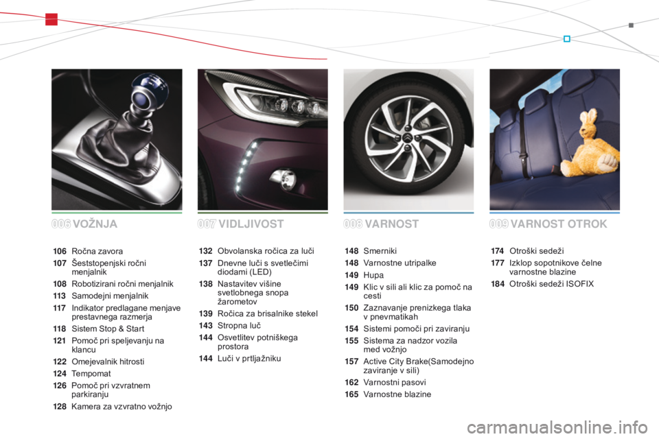 CITROEN DS3 2015 Navodila Za Uporabo (in Slovenian) DS3_sl_Chap00a_sommaire_ed01-2014
VARNOSTv
ožnjaV ARNOST OTROK
174 Otroški sedeži
17 7
I
zklop sopotnikove čelne
varnostne blazine
184
O
troški sedeži ISOFIX
14 8 S
merniki
14 8
V
arnostn CITROEN DS3 2015 Navodila Za Uporabo (in Slovenian) DS3_sl_Chap00a_sommaire_ed01-2014
VARNOSTv
ožnjaV ARNOST OTROK
174 Otroški sedeži
17 7
I
zklop sopotnikove čelne
varnostne blazine
184
O
troški sedeži ISOFIX
14 8 S
merniki
14 8
V
arnostn