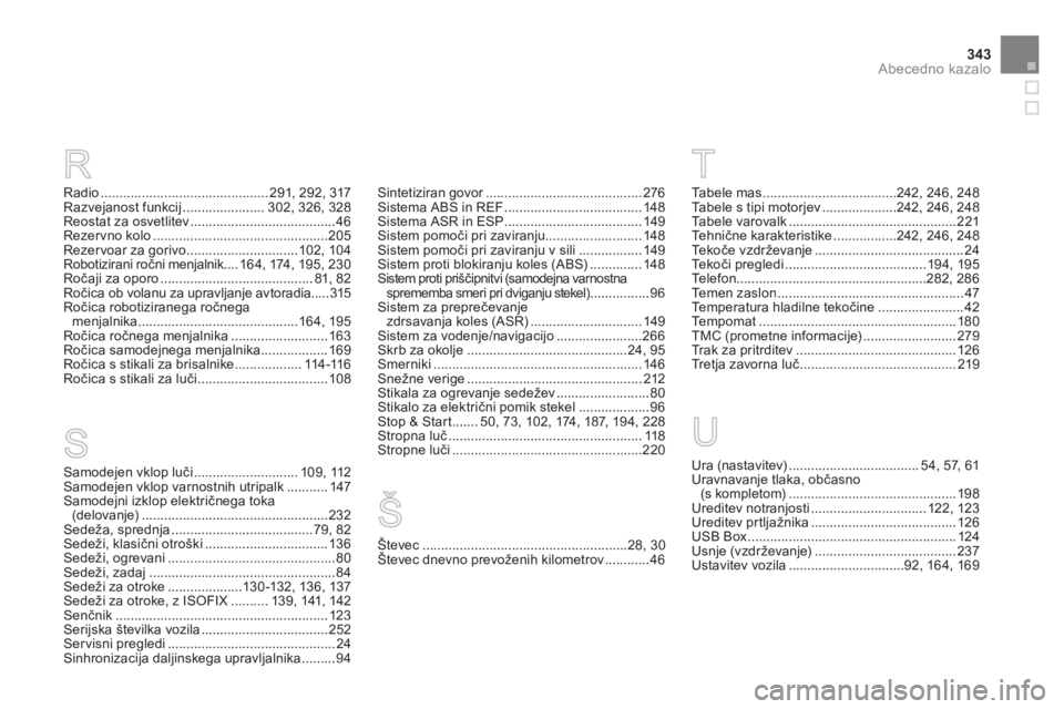 CITROEN DS3 2014  Navodila Za Uporabo (in Slovenian) 343Abecedno kazalo
R
Radio.............................................291, 292,317Razvejanost funkcij......................302, 326, 328Reostat za osvetlitev .......................................46
